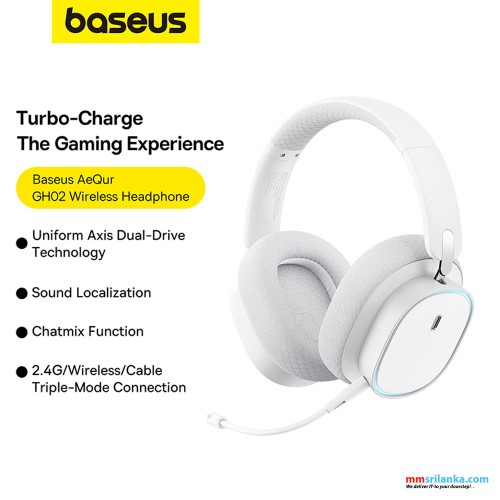 Baseus AeQur GH02 Gaming Wireless Headphones Moon White (Tri Mode connection, RGB light, Mic removable, includes USB & Type C dongels) (6M)